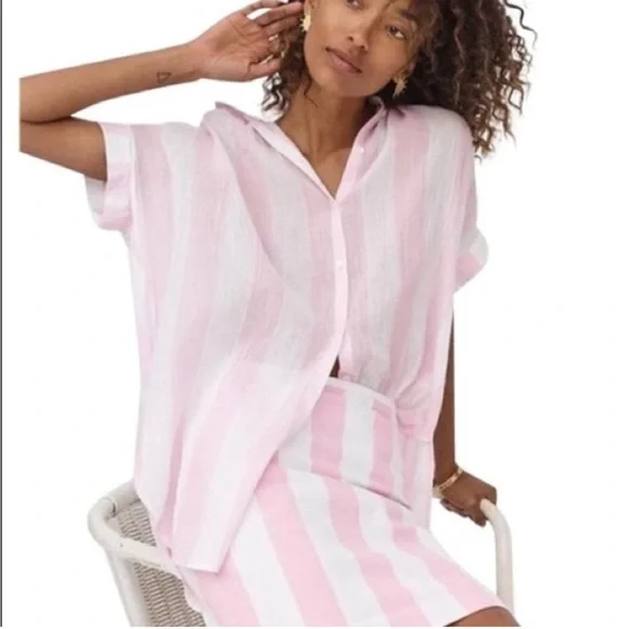 Madewell SET 🩷 Central Tunic In Cara Pink Stripe Button Down Top AND Skirt - Picture 10 of 12